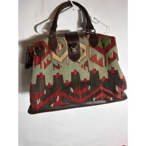 Vintage Doctor Bag Purse Multi Color Tapestry Leather Turkey Duffel Large Aztec